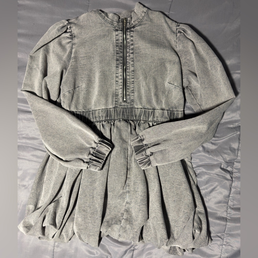 AKIRA PASS THE BUBBLY DENIM MINI DRESS IN LIGHT GREY